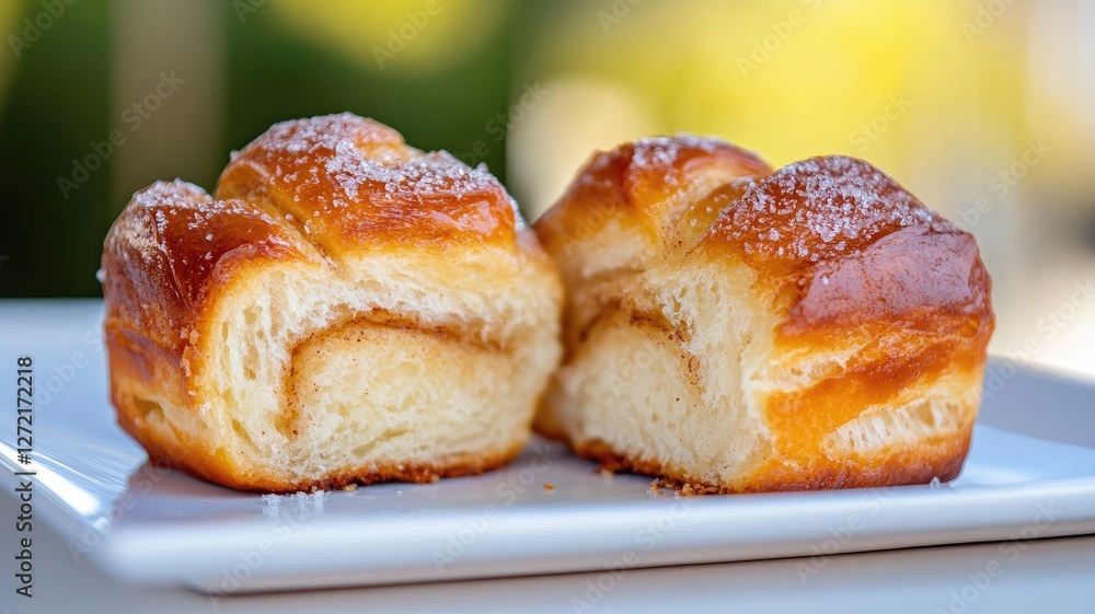 Close-up of caramelized sugar-coated pastry, split open to reveal flaky layers inside Close-up of caramelized sugar-coated pastry, split open to reveal flaky layers inside