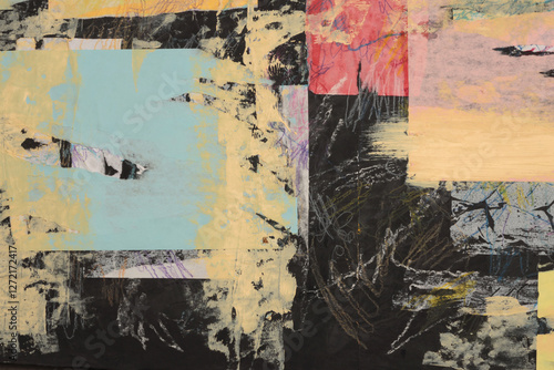 Torn, ripped paper pieces collage. Art Acrylic hand drawn brush stroke smear blot painting wall. Abstract grunge dirty texture background.