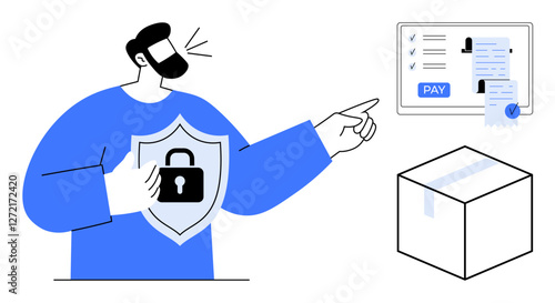 Man holding shield with padlock symbol, pointing to online payment screen with checklist, secure paper. Nearby, a box with tape. Ideal for financial security, e-commerce, online transactions, data