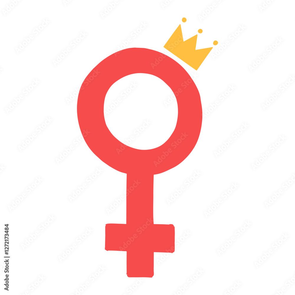 Pink female sign and yellow crown on white background. Venus hand drawn symbol. Vector doodle illustration. Template for Women's day designs Pink female sign and yellow crown on white background. Venus hand drawn symbol. Vector doodle illustration. Template for Women's day designs