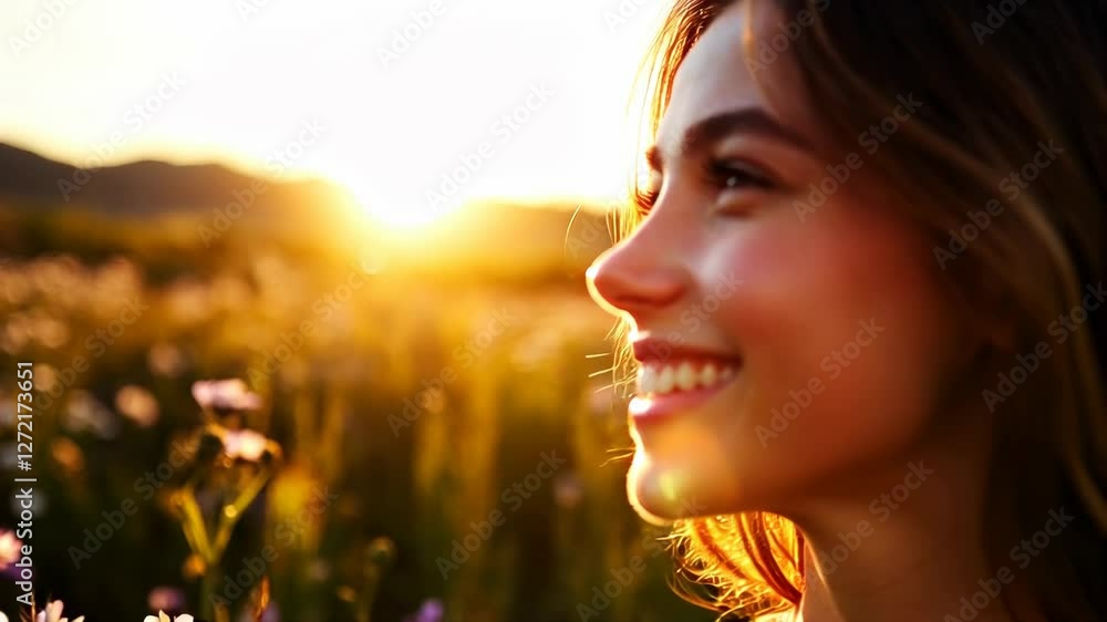 Joyful woman embracing nature and sunshine in a vibrant wildflower meadow at sunset Joyful woman embracing nature and sunshine in a vibrant wildflower meadow at sunset