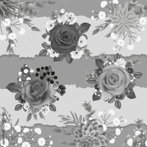 Floral card template with roses, succulents, primroses, gypsophila, alstroemeria flowers, eucalyptus and torn paper stripes. Elegant background for invitation card, save the date, greeting, poster