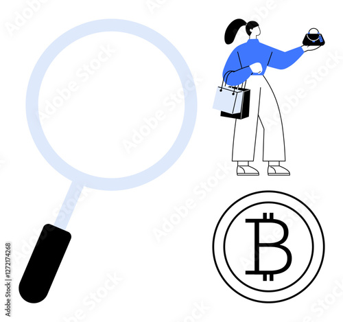 Woman holding shopping bags with one hand and a bitcoin in the other, next to a magnifying glass and bitcoin symbol. Ideal for online shopping, e-commerce, cryptocurrency, retail technology
