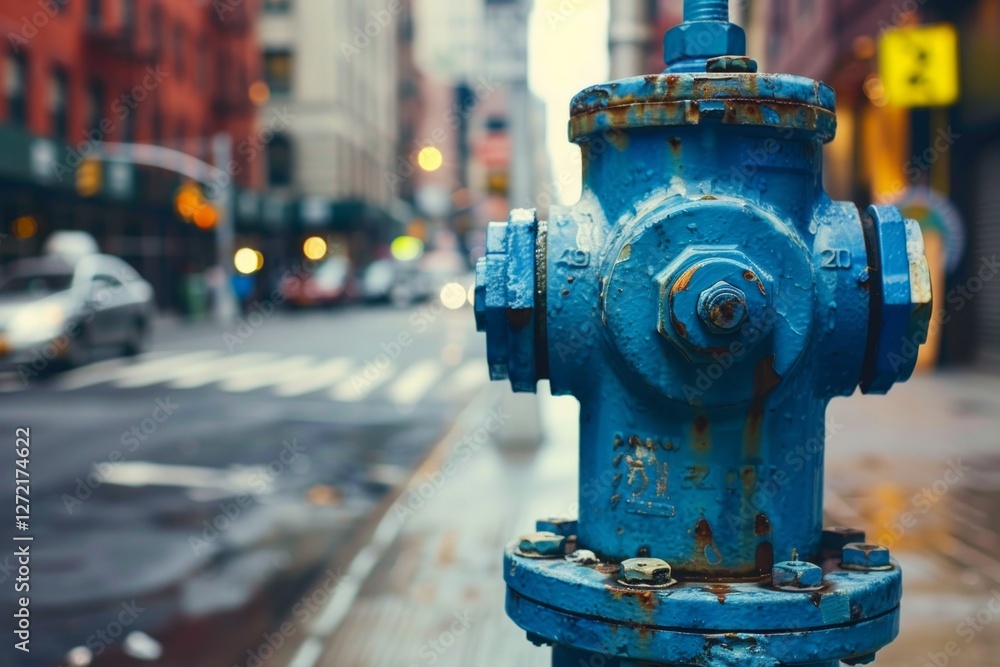 A fire hydrant on the street with bokeh and blurred city in background. Neural network ai generated A fire hydrant on the street with bokeh and blurred city in background. Neural network ai generated
