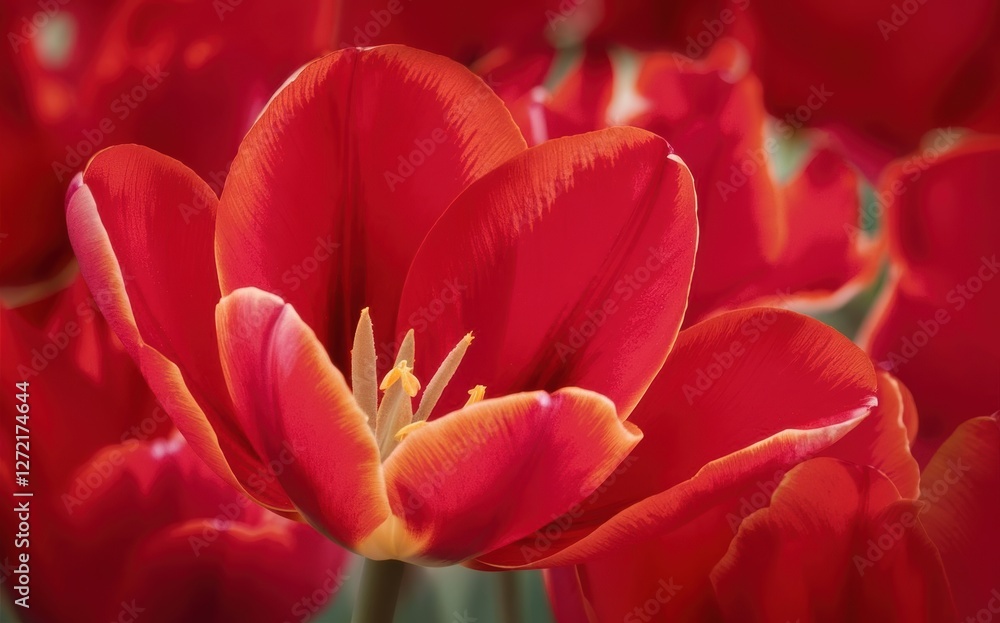 A close-up of vibrant red tulips, showcasing their smooth petals and delicate inner structure, set against a blurred background of more tulips A close-up of vibrant red tulips, showcasing their smooth petals and delicate inner structure, set against a blurred background of more tulips