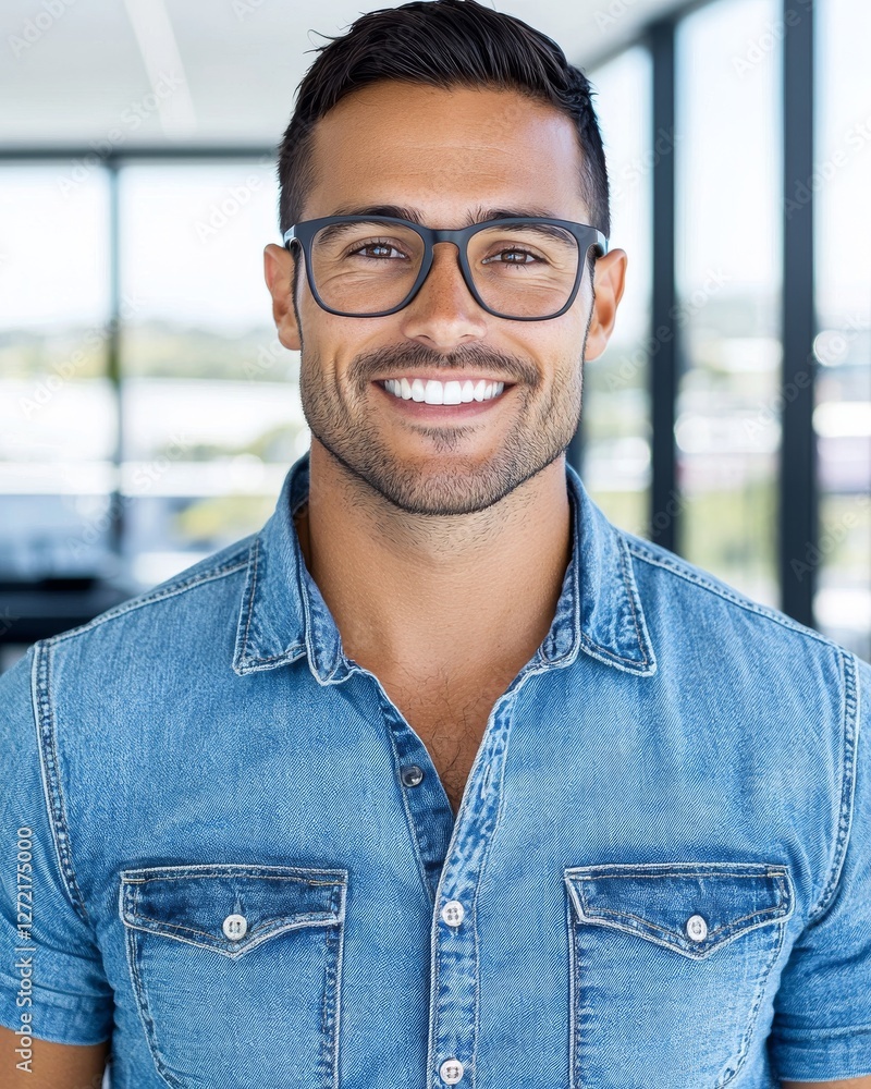 Smiling Man in Denim Shirt with Glasses in Modern Office Setting Smiling Man in Denim Shirt with Glasses in Modern Office Setting
