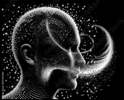 Abstract, pixelated human face in grayscale on a black background. The scattered dots form a detailed, digital texture, giving the artwork a modern, futuristic feel with a hint of mystery.