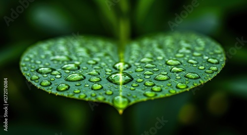 A highly detailed macro photograph of a single bright green leaf with large, crystal-clear raindrops. The droplets magnify the intricate leaf veins, with a soft-focus natural background of blurred fol photo