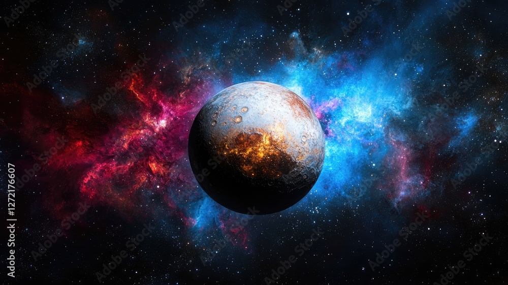 Obraz premium Distant, rocky planet surrounded by vibrant space nebulae