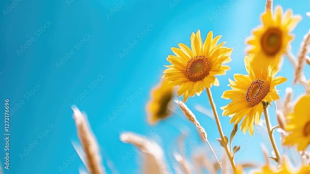 Obraz premium Bright yellow sunflowers against clear blue sky