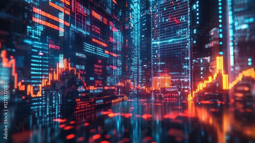 Futuristic city skyline, data streams, financial charts, night, digital transformation Futuristic city skyline, data streams, financial charts, night, digital transformation