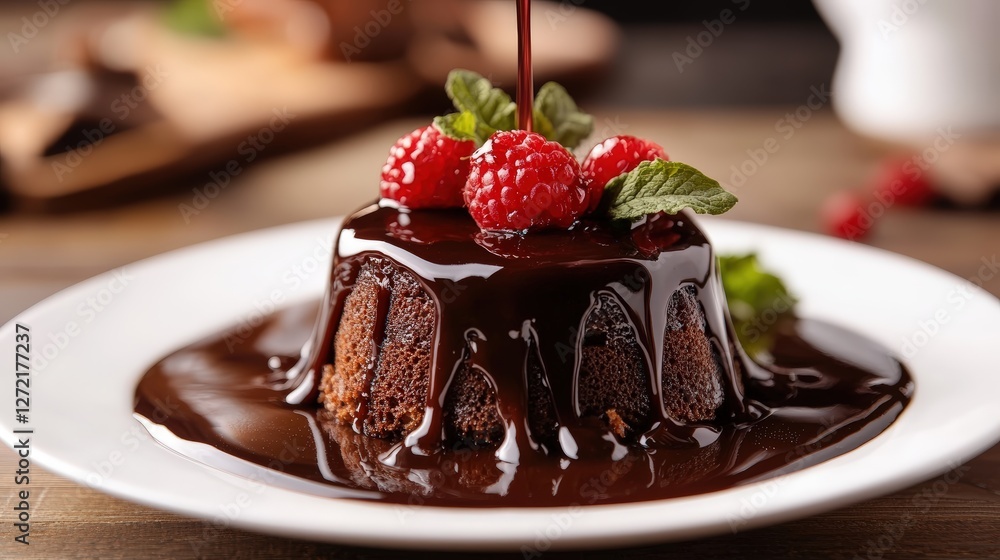 Chocolate sauce pouring over glossy desserts Chocolate sauce pouring over glossy desserts