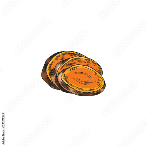 Vector watercolor sketch of sliced turmeric root on isolated background.