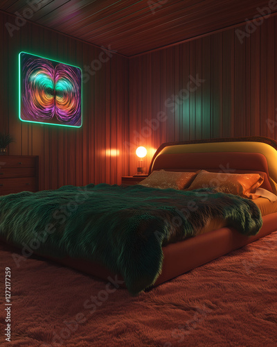 70s-inspired retro bedroom with holographic dream enhancer