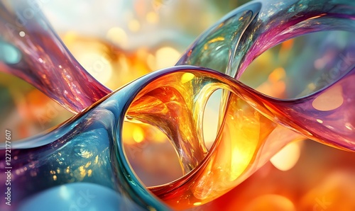Abstract multicolored flowing glass curves with glowing light creating a dynamic pattern