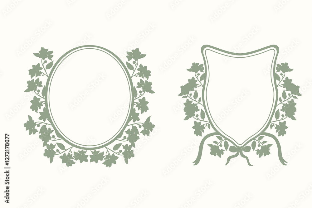 Obraz premium Frame border in classic style. Hand drawn vector floral backgrounds. Round and oval frames for invitations, wedding decor, menu, monogram, paper, print. Set with elegant background template for design
