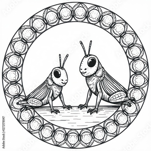 Cute Grasshoppers Doodle Mandala Coloring Page Kids Design. Perfect for children's coloring books, printable activity sheets
