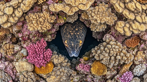 Fototapeta Naklejka Na Ścianę i Meble -  Moray eel hiding coral reef underwater ocean wildlife