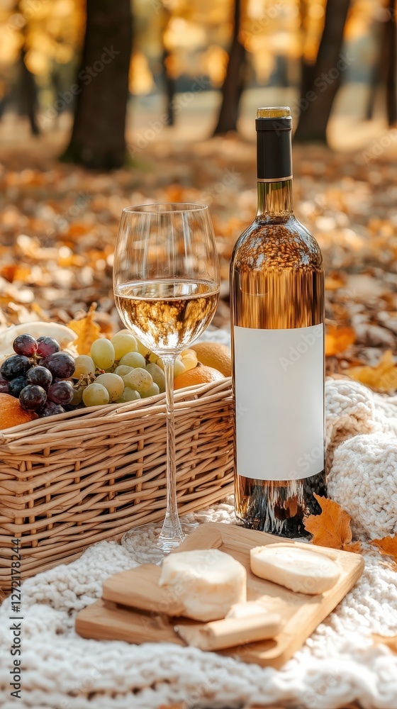 Naklejka premium Autumn picnic with wine and cheese in park