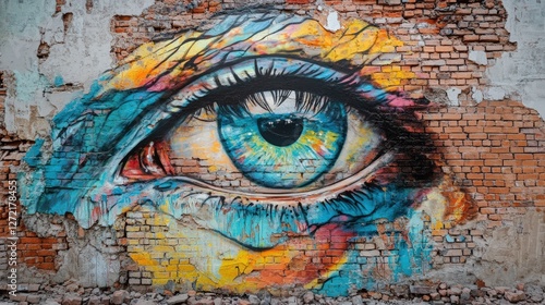 Colorful graffiti murals on crumbling brick walls