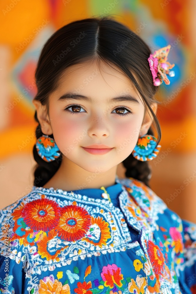 A young girl wears a beautifully embroidered traditional Mexican dress, adorned with vibrant colors and delicate lace details. A young girl wears a beautifully embroidered traditional Mexican dress, adorned with vibrant colors and delicate lace details.