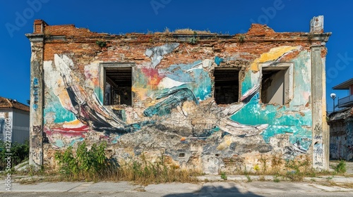 Colorful graffiti murals on crumbling brick walls
