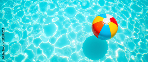 Colorful beach ball floating in clear turquoise water reflecting sunlight, evoking a playful summer mood and representing leisure and relaxation by the poolside