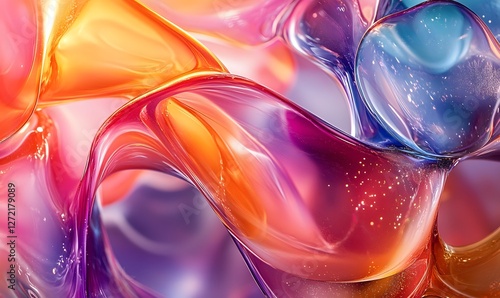 Abstract fluid forms in vibrant shades of orange, pink, purple and blue with light reflections