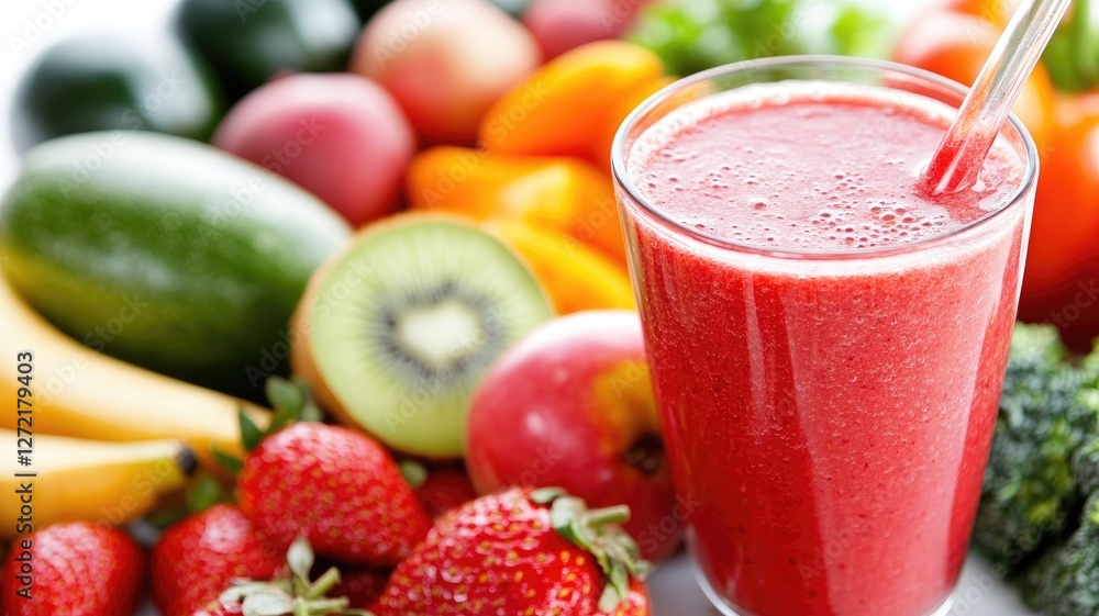 Fresh fruit smoothie in glass surrounded by assortment of fruits Fresh fruit smoothie in glass surrounded by assortment of fruits