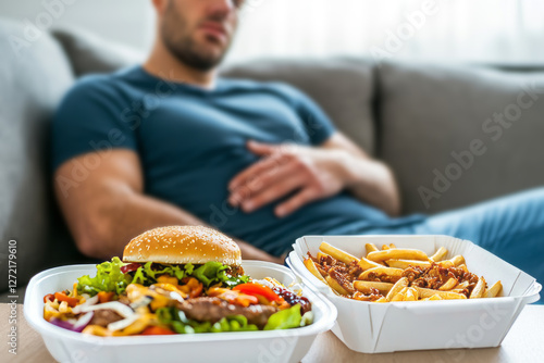 Man sitting on couch with fast food, holding stomach after overeating, unhealthy eating concept.