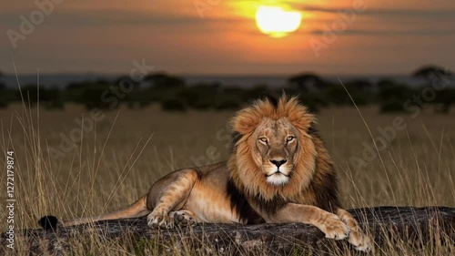 Lion resting on log during sunset in savannah landscape
