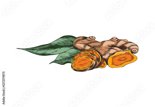 Turmeric root cut slices and leaves vector sketch, hand drawn Curcuma spice, organic seasoning, ginger condiment plant