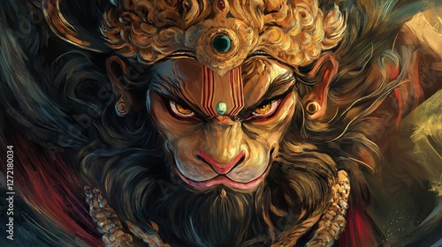 Powerful close-up of Lord Narasimha with glowing eyes and fierce expression, representing divine rage and protection.
