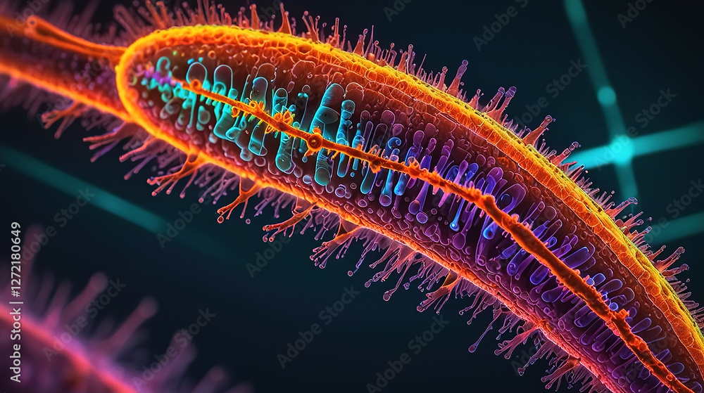 one bacteriao of Mycoplasma pheumoniama. Microscopic View Reveals Vibrant Details of a Bacterium in Captivating Color at the Cellular Scale one bacteriao of Mycoplasma pheumoniama. Microscopic View Reveals Vibrant Details of a Bacterium in Captivating Color at the Cellular Scale