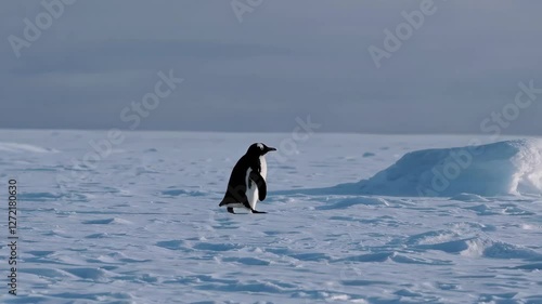 Penguin waddling across icy landscape in bright daylight