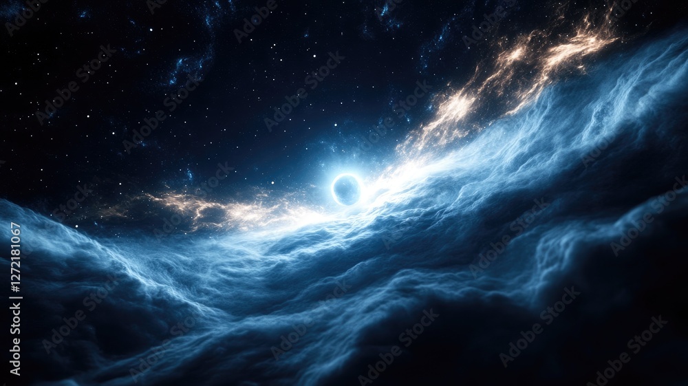 Fototapeta premium Stunning cosmic scene with planet, clouds, and stars in galaxy