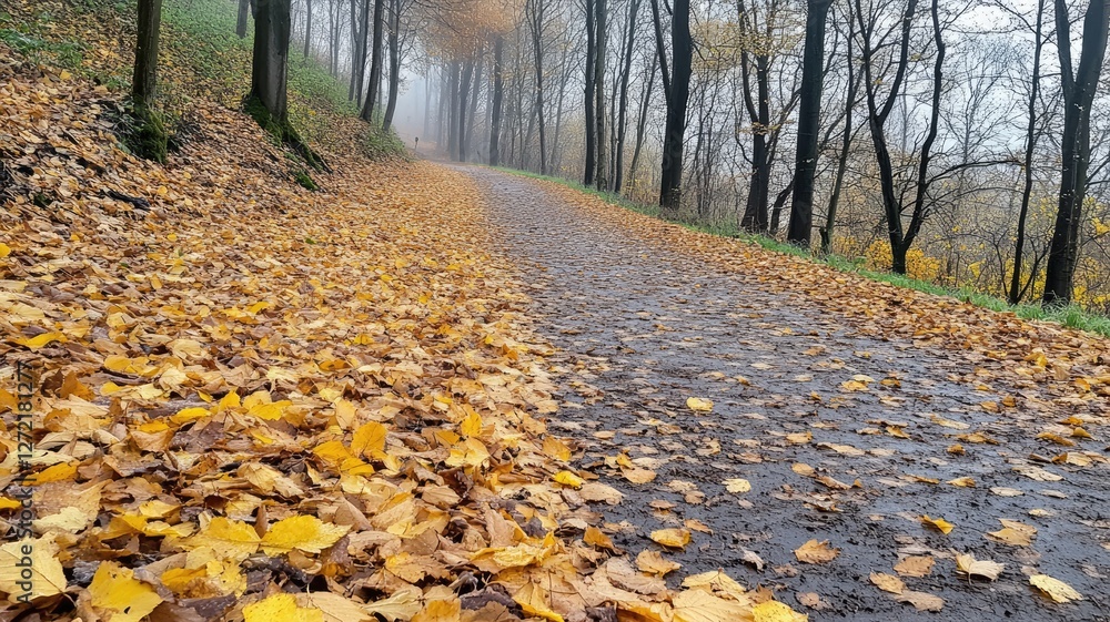 Fotografie Misty autumn forest path covered with fallen leaves
