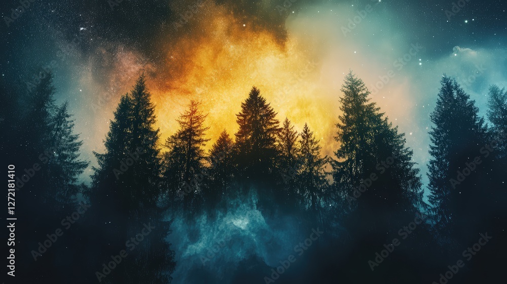 Fototapeta premium Double exposures blending forests with galaxies