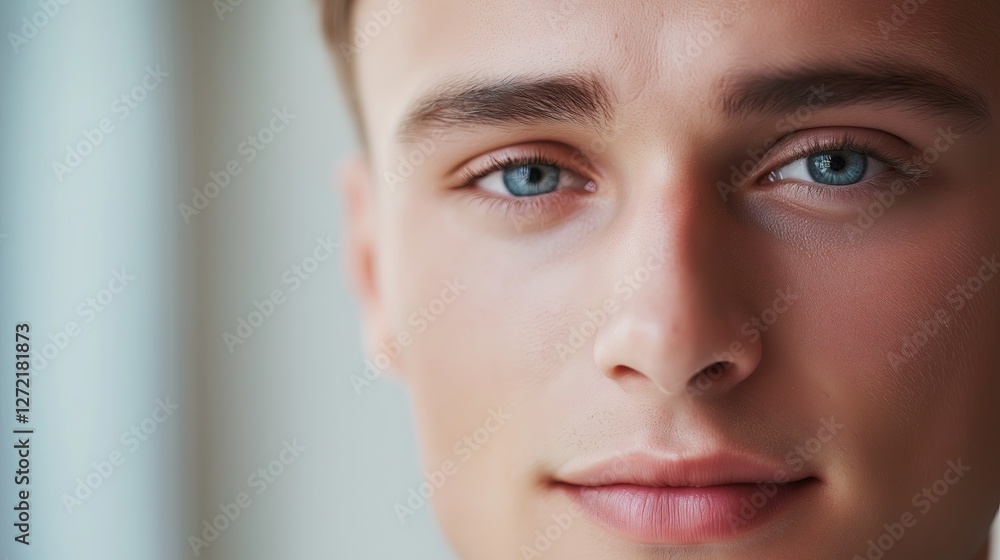 Fototapeta premium A detailed close-up of a young man's face, focusing on his piercing blue eyes and smooth complexion. 