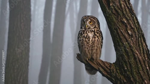 Owl perched on tree branch in misty forest setting