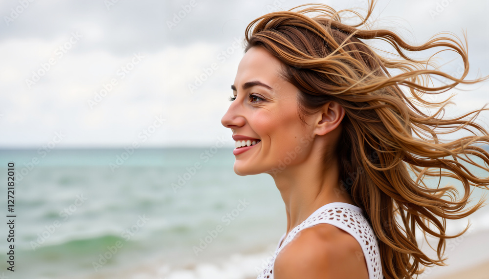 Smiling woman enjoying windy seaside, joyful serenity Smiling woman enjoying windy seaside, joyful serenity