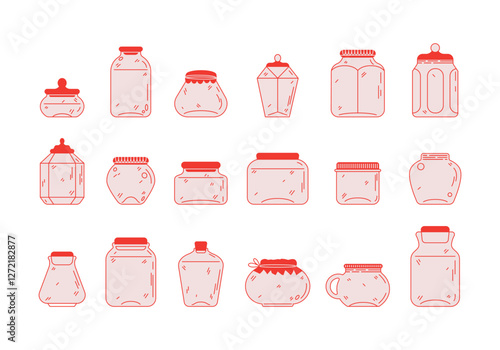 Line doodle jars. Cute empty glass food containers with lids for homemade jam, pickled vegetables, sweet food. Vector set of minimalistic jars in red color in flat style, fill and outline. Cans icons.