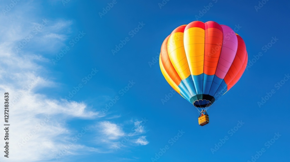 Vibrant hot air balloon floating in clear blue sky Vibrant hot air balloon floating in clear blue sky