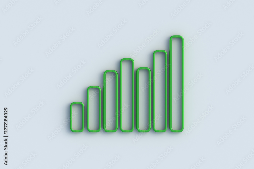 Green growing bar graph on light gray background. Investment statistics. Economic data. Financial report. Interest rate. Business concept. Top view. 3d render Green growing bar graph on light gray background. Investment statistics. Economic data. Financial report. Interest rate. Business concept. Top view. 3d render