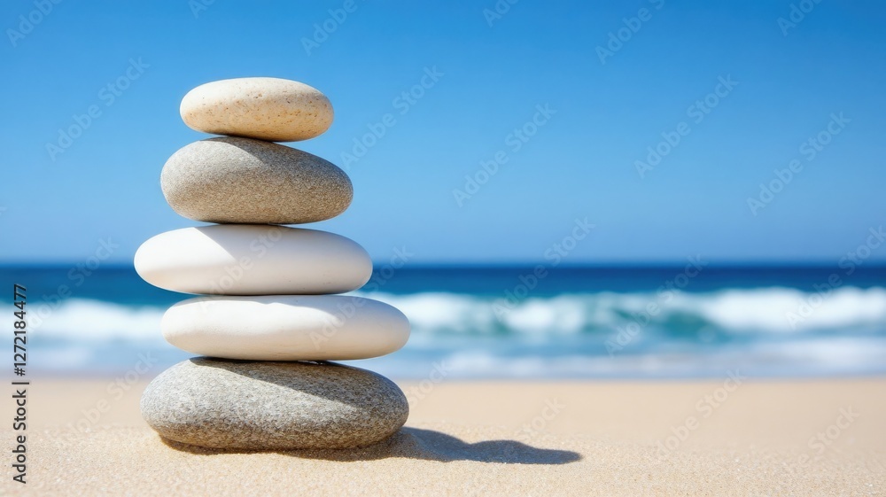 Balanced stones on sandy beach with ocean waves in background Balanced stones on sandy beach with ocean waves in background