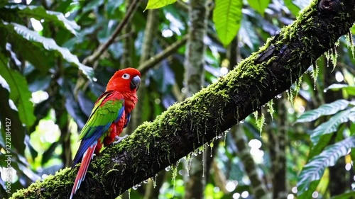 Colorful parrot perched on mossy tree branch in lush rainforest