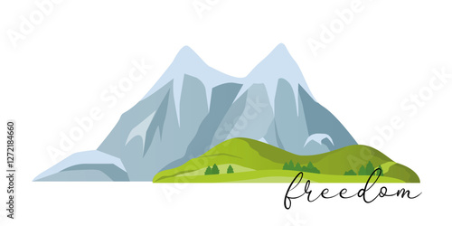 Majestic mountain landscape with lettering freedom isolated on white background. Rocky mountains, outdoor landscape