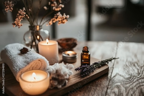 Still life at a spa featuring lavender oil, a white towel, and a scented candle on a wooden surface