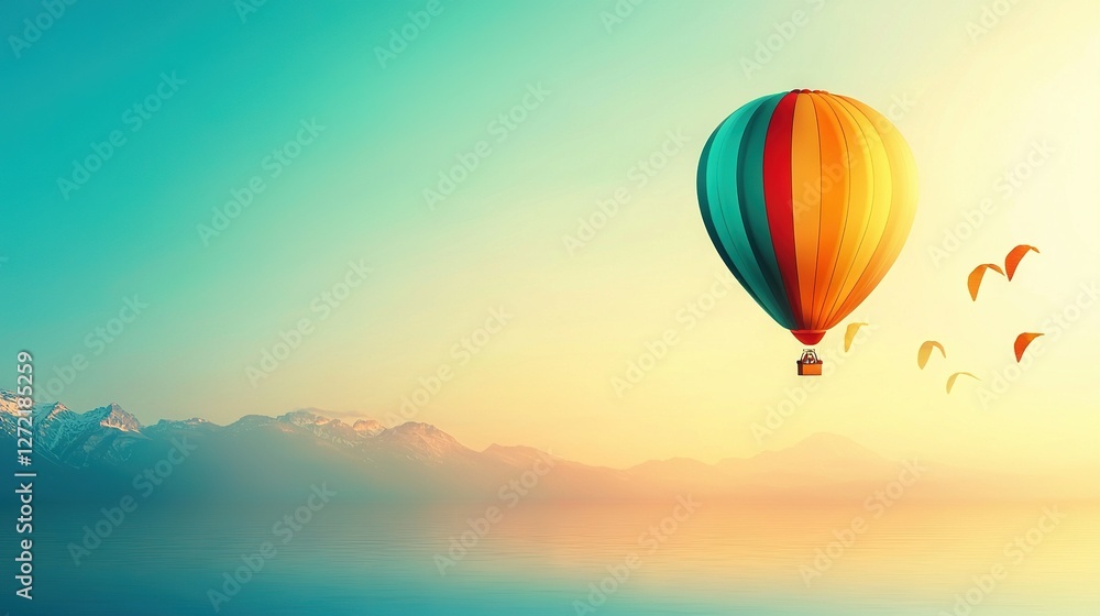 Obraz premium Hot air balloon flying over water, birds in foreground, mountains behind