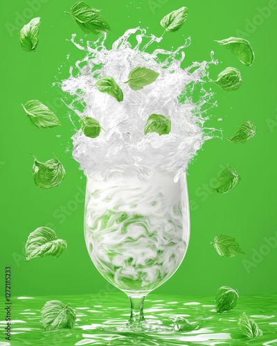 Refreshing Minty Splash in a Glass - Energizing Green Background and Dynamic Liquid Motion photo